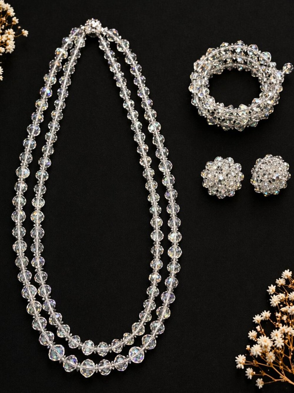 Vintage Aurora Borealis AB Glass Jewelry Set - Necklace, Bracelet & Earrings